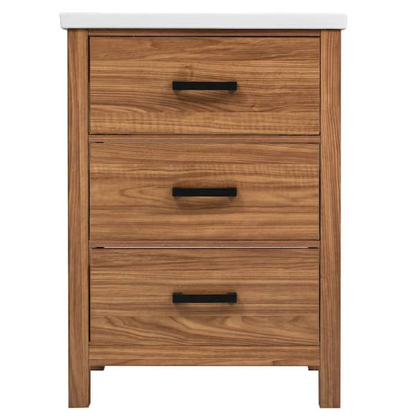 24 in. Single Sink Freestanding Natural Wood Bath Vanity with White Ceramic Top, Ample Storage Space, Tip-out Drawers