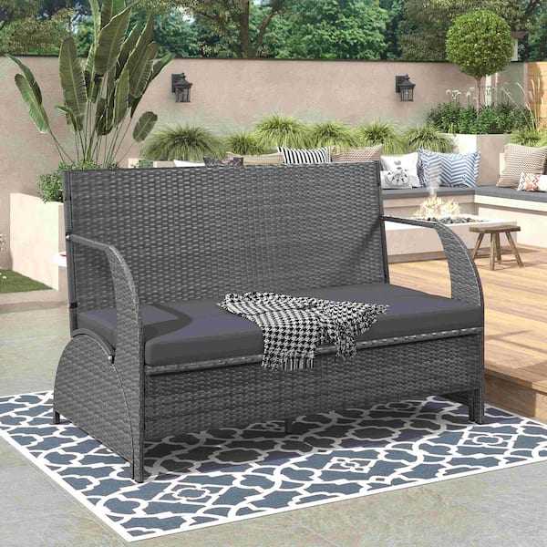 1-Piece Metal Outdoor Loveseat Bench with Table for Gardens and Lawns, Gray Cushions