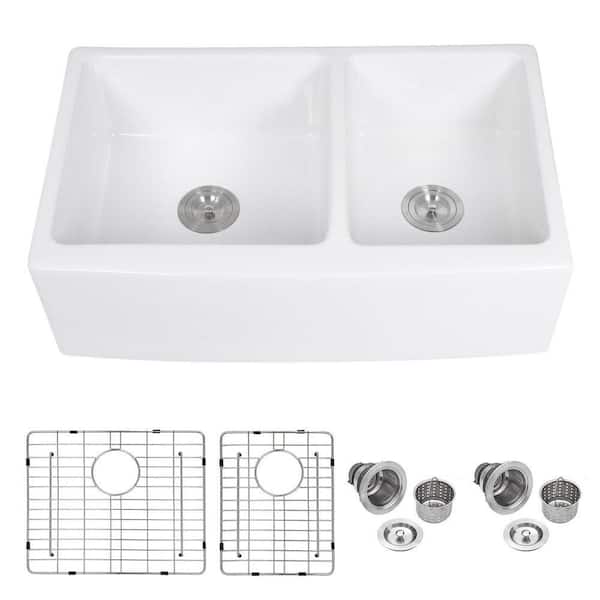 33 in. Farmhouse/Apron Sink Double Bowl 60/40 White Fireclay Kitchen Sink with Bottom Grid and Drain Assembly