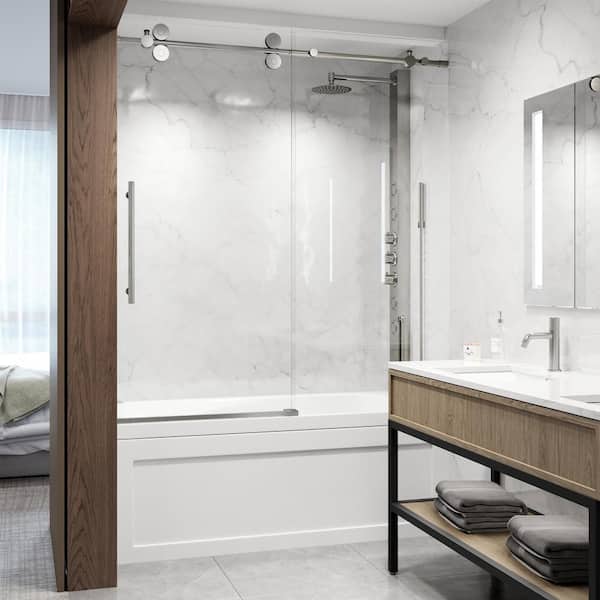 VIGO Elan 60 in. W x 66 in. H Sliding Frameless Tub Door with Laminated Glass and Handle in Stainless Steel