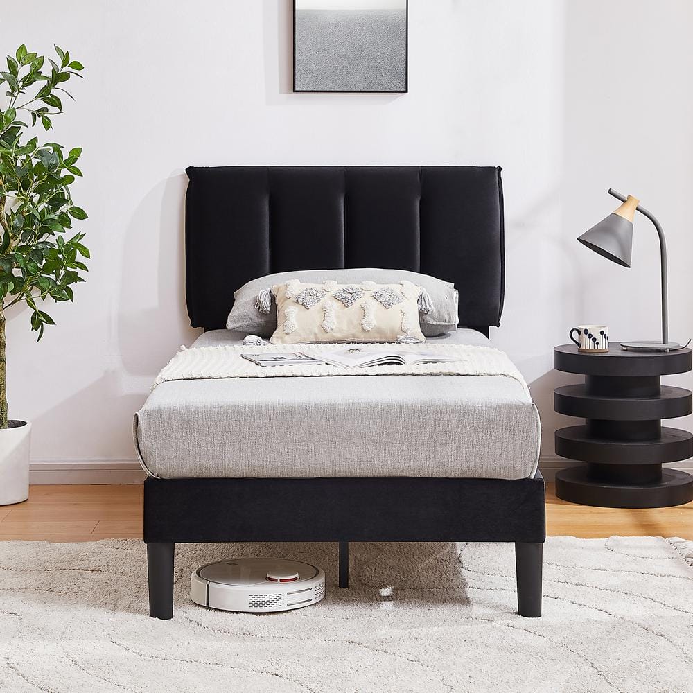 VECELO Upholstered Bed Frame, Black Metal Frame Twin Platform Bed With ...