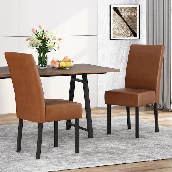 Braydon Cognac Brown Faux Leather T-Stitch Dining Chair (Set of 2)
