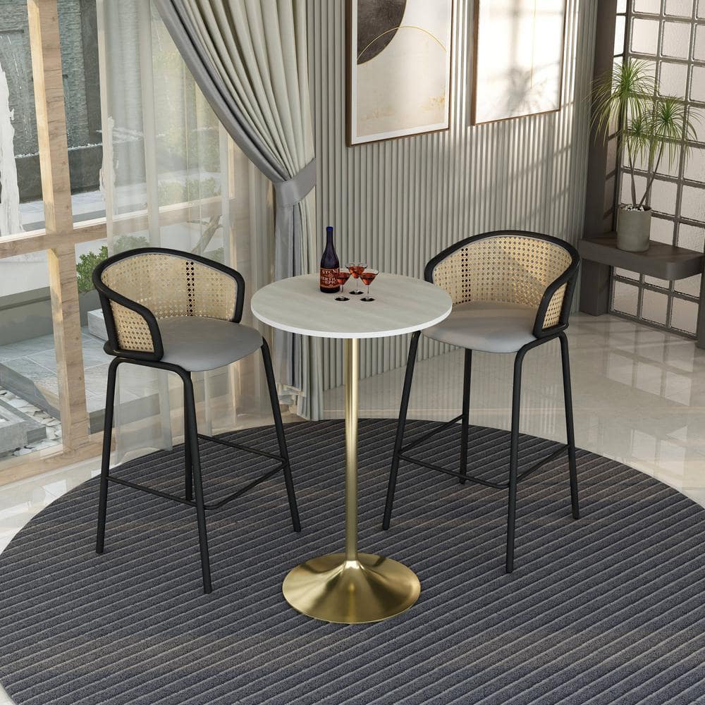 Light Natural Wood Round Bar Height Table with Gold Pedestal Base