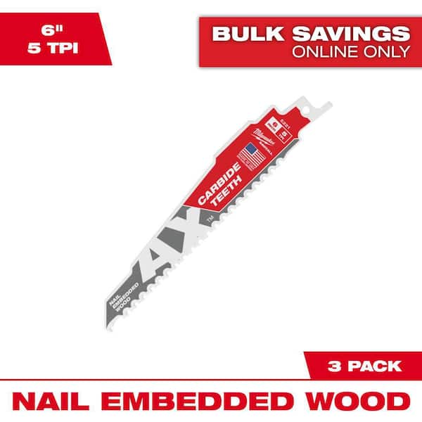Milwaukee 6 in. 5 TPI AX Carbide Teeth Demolition Nail-Embedded Wood Cutting SAWZALL Reciprocating Saw Blades (3-Pack)
