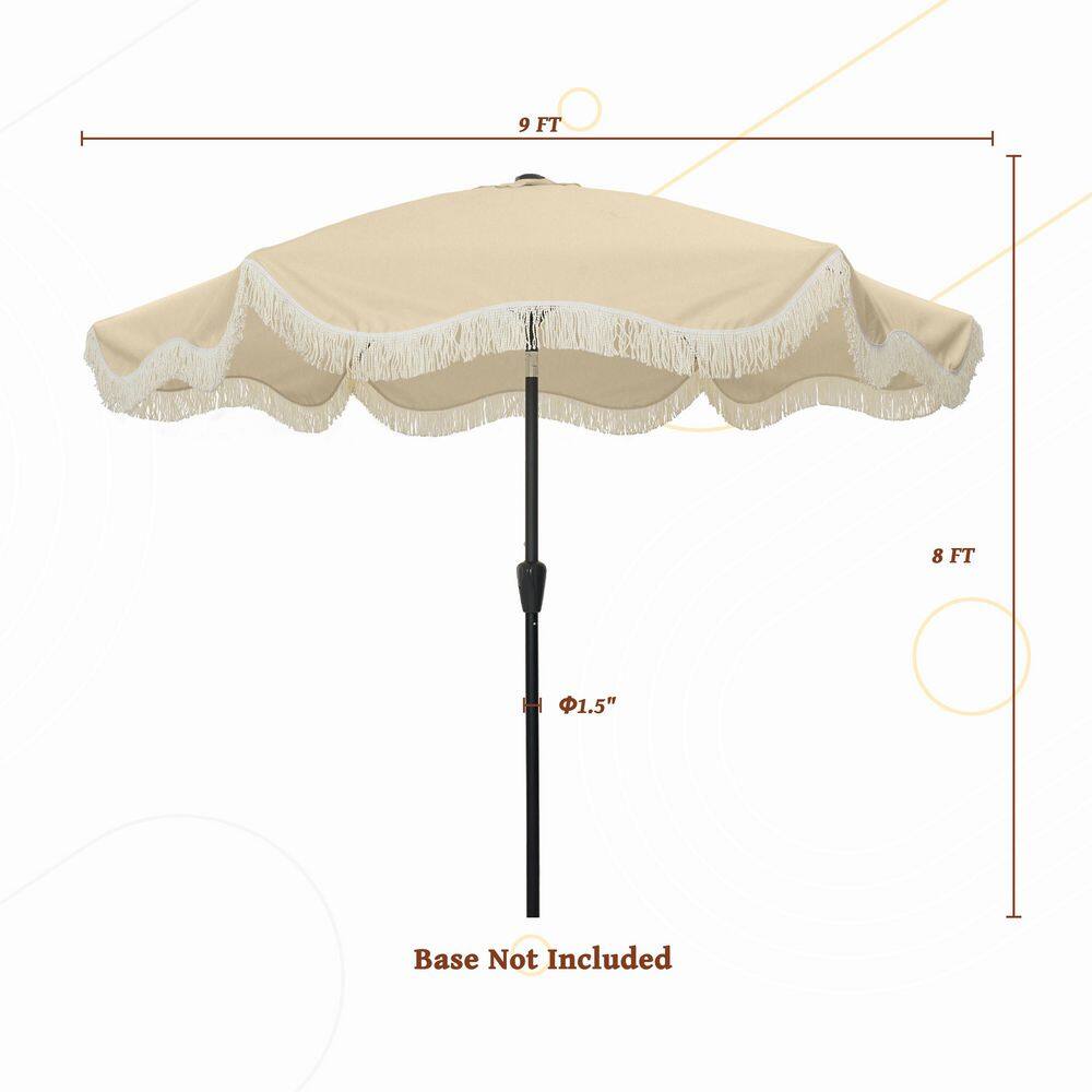 9 ft Beige Round Market Umbrella with Black Metal Pole and Tassels