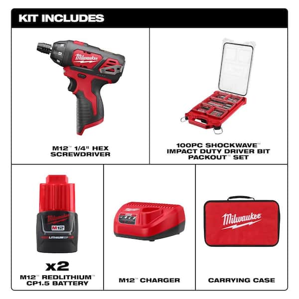 M12 12V 1/4 in. Hex Screwdriver Kit w/ (2) 1. 5Ah Batteries, Charger, Bag with 100-Pc Bit Set w/ PACKOUT