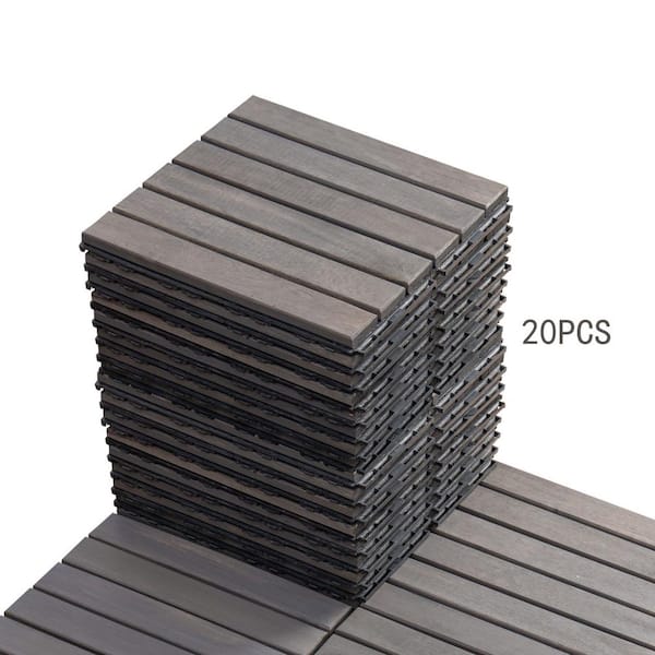 GOGEXX 12 in. x 12 in. Outdoor Striped Square Wood Interlocking Waterproof Flooring Deck Tiles in Gray (Pack of 20 Tiles)
