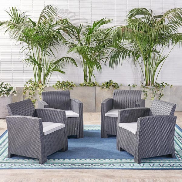 Noble House St. Johns Charcoal Removable Cushions Faux Wicker Outdoor Patio Lounge Chair with Light Grey Cushions (4-Pack)