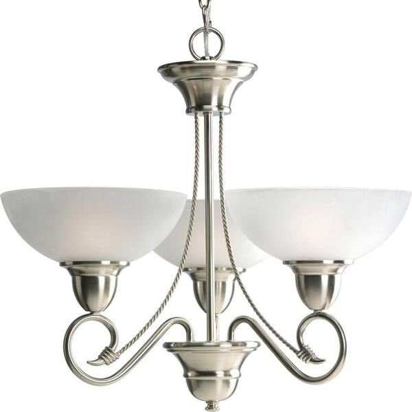 Progress Lighting Pavilion Collection 3-Light Brushed Nickel Chandelier with Etched Watermark Glass Shade