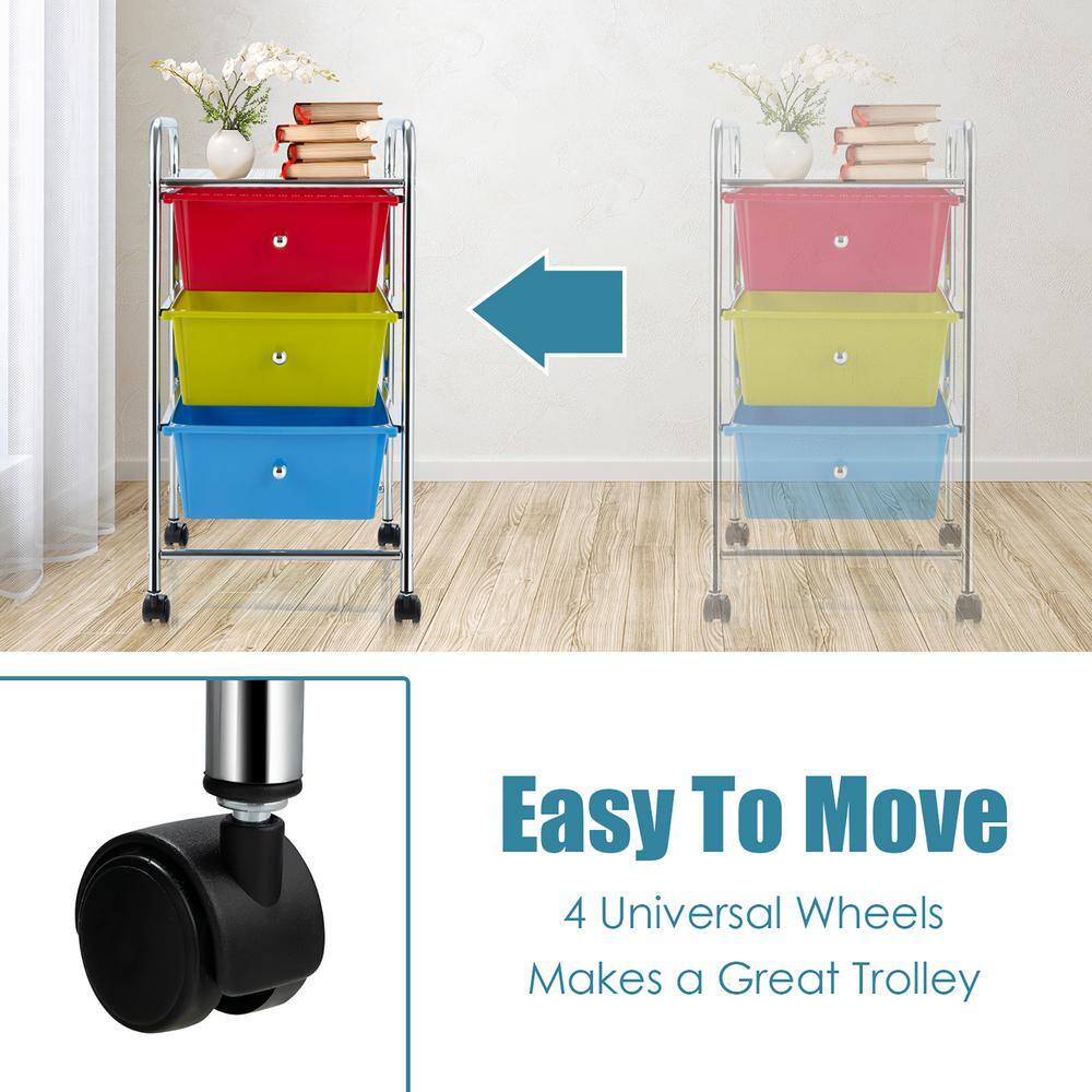Multicolor 3-Drawer Rolling Storage Cart with Plastic Drawers
