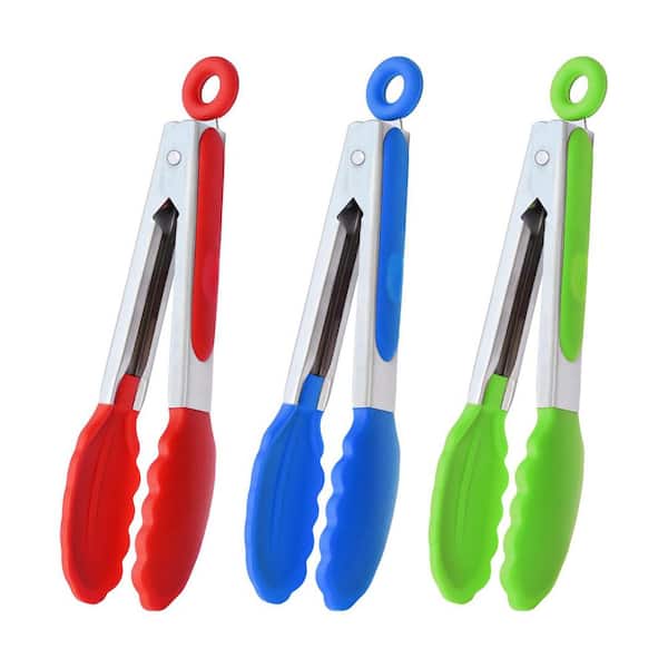 Red Blue Green Mini Tongs with Silicone Tips 7 Inch Non Stick Heat Resistant Serving Tongs Set of 3