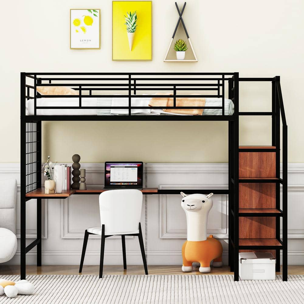 Harper & Bright Designs Black Twin Size Metal Loft Bed with Built-in ...