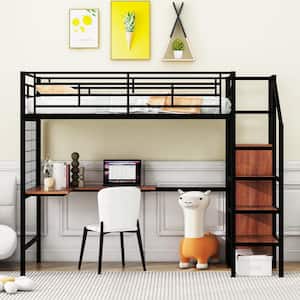 Black Twin Size Metal Loft Bed with Built-in Desk, Metal Grid, Wardrobe and Lateral Storage Staircase