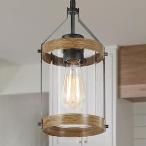 Brown Pendant 1-Light Drum Island Farmhouse Cage Adjustable Hanging Pendant Light with Clear Glass Shade