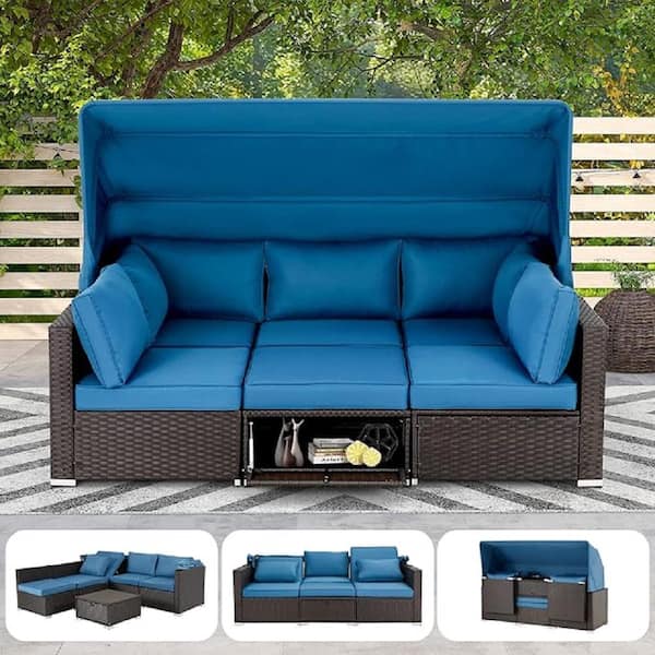 HOMMOW 6-Piece Daybed Patio Sofa, Wicker Outdoor Sectional Set with Retractable Canopy, Adjustable Backrest and Blue Cushions