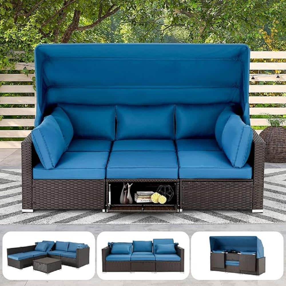 6-Piece Daybed Patio Sofa, Wicker Outdoor Sectional Set with Retractable Ca