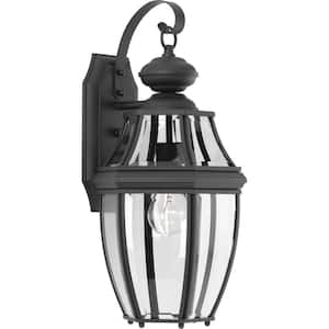 New Haven Collection 1-Light Textured Black Clear Beveled Glass New Traditional Outdoor Medium Wall Lantern Light