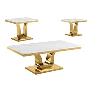 Eric 55 in. L. White Rectangle Marble Top Coffee Table Set With Gold Stainless Steel Base Set Of 3 With End Table