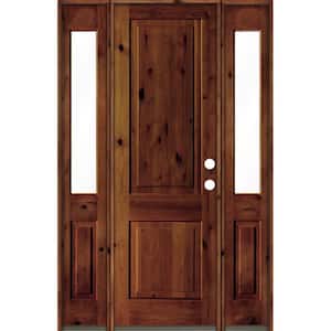 58 in. x 96 in. Rustic Knotty Alder Square Red Chestnut Stained Wood Left Hand Single Prehung Front Door