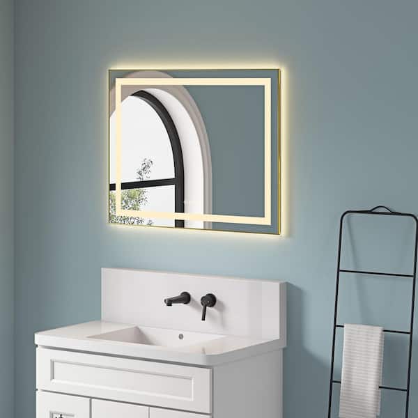 Brushed Gold 36.00 in. W x 28.00 in. H LED Modern Rectangle Aluminium Framed Wall Mirror