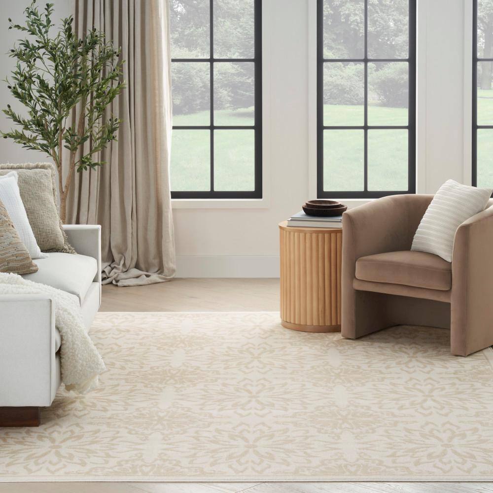 Ivory Beige Floral Synthetic Rectangular Area Rug 8'6" x 12'