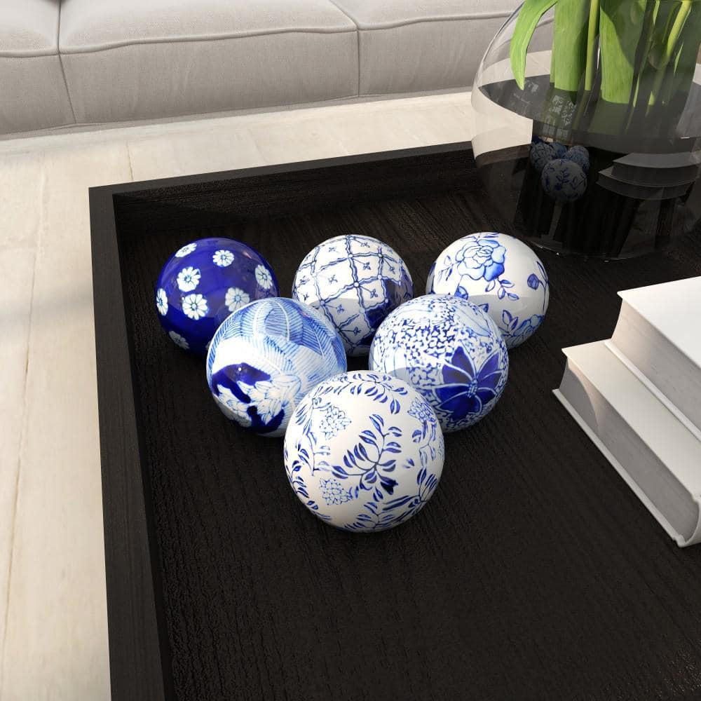 Blue and White Ceramic Floral Pattern Vase Filler Orbs, Set of 6