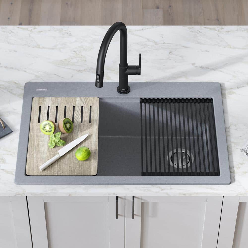 33 in. Metallic Gray Granite Composite Single Bowl Kitchen Sink