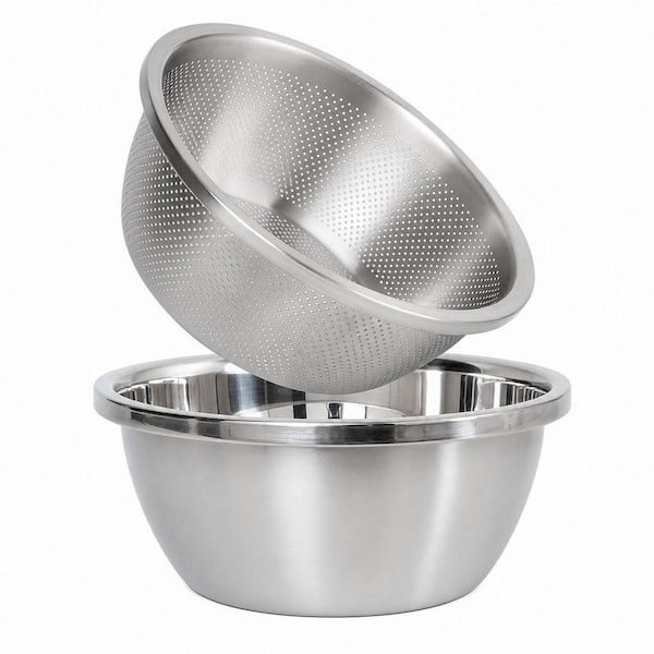 2-Piece 2 qt. Stainless Steel Microporous Colander with Mixing Bowl for Washing Vegetables, Fruit and Rice