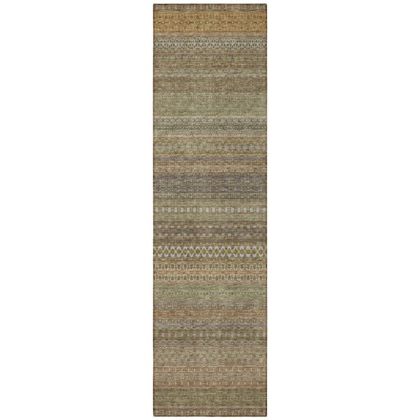 Khaki 2 ft. x 8 ft. Woven Striped Polyester Runner Indoor / Outdoor Area Rug