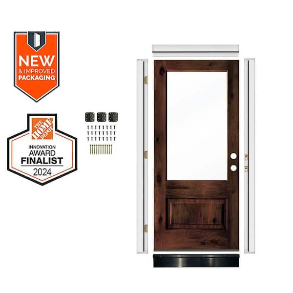 36in.x80in. Alder LH 3/4-Lite Clear Glass RedMahogany Stain Wood AssemblyRequired Front Door Kit w/QuickAssembleJamb