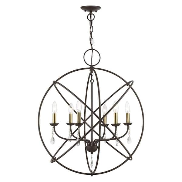 AVIANCE LIGHTING Cahill 6-Light Bronze Pendant Chandelier with Antique Brass Candles and Crystals