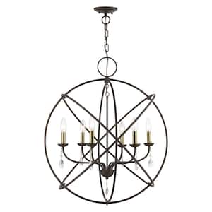 Aria 6-Light Bronze Pendant Chandelier with Clear Crystals and Antique Brass Candles