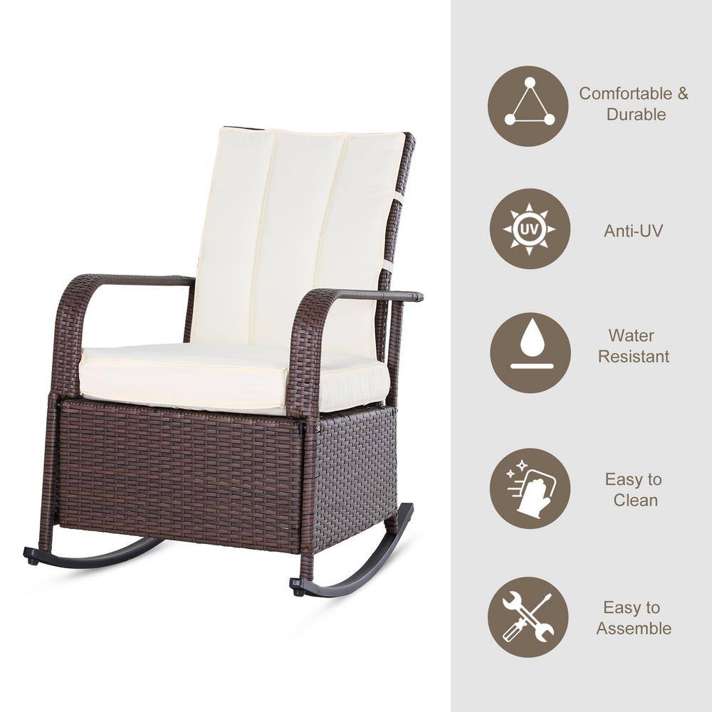 Luxury Beige PE Rattan Outdoor Reclining Rocker with Cushions