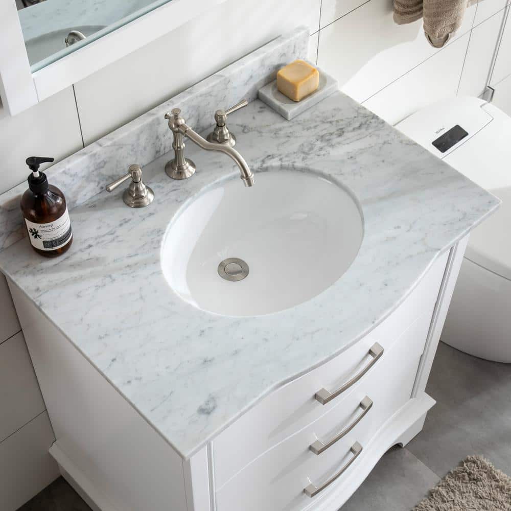 Monroe 30" White Solid Wood Single Vanity with Carrara Marble Top