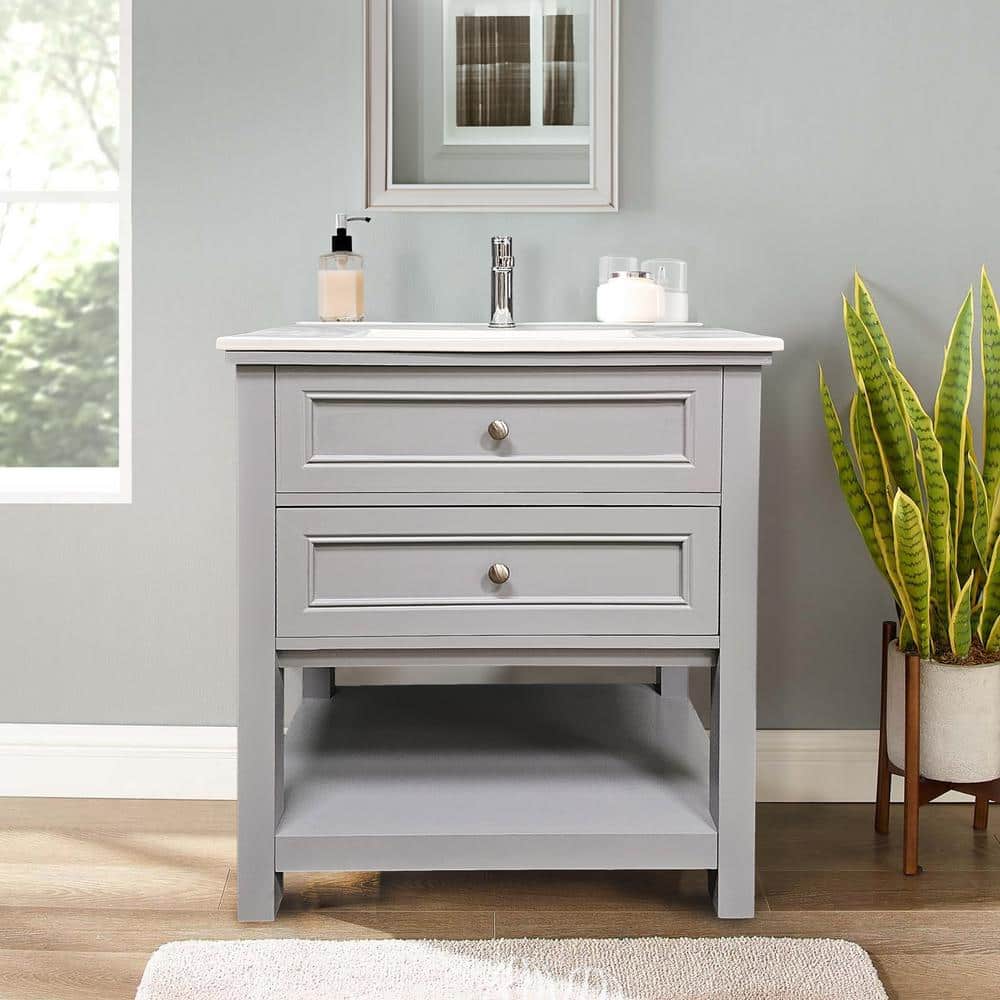 Gray PVC Freestanding Vanity with White Ceramic Top, 30"