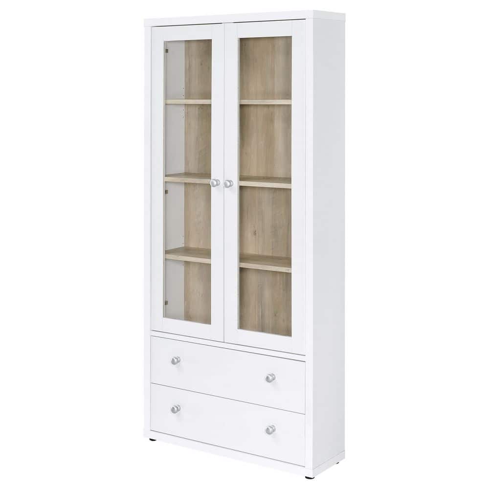 White and Light Brown Glass Door Curio Cabinet with Drawers