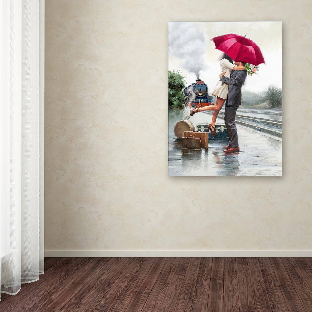 Couple Embracing at Train Station Canvas Painting