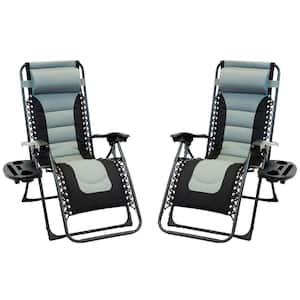 Black Foldable Metal Frame Padded Outdoor Cloth Gravity Chairs with Foot Cover and Big Cupholder in Grey (2-Pack)