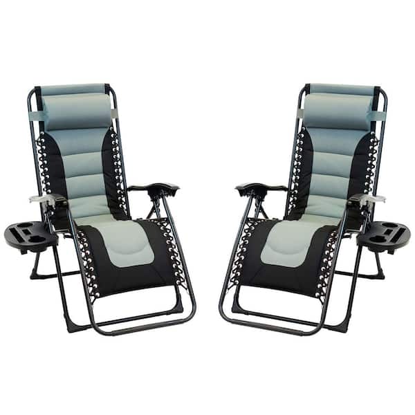 Patio Premier Black Foldable Metal Frame Padded Outdoor Cloth Gravity Chairs with Foot Cover and Big Cupholder in Grey (2-Pack)