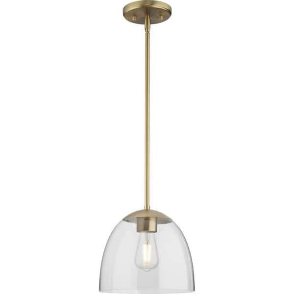 Tamassee Collection 1-Light Brushed Gold Updated Traditional Mini Pendant with Clear Glass Shade for Kitchen