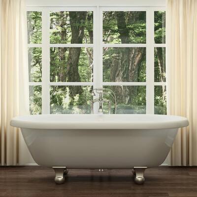 72 in. Acrylic Dual-Rest Clawfoot Bathtub in White, Cannonball Feet and Drain Assembly in Brushed Nickel