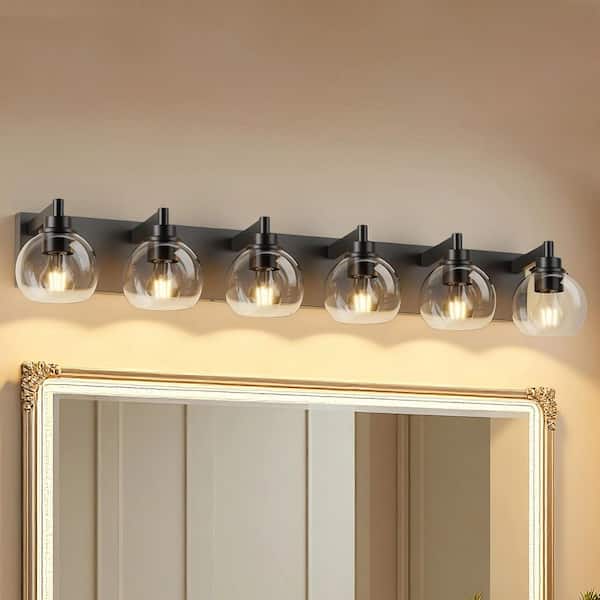 40 in. 6-Light Matte Black and Metal Vanity Light with Clear Glass Shades for Bathroom (Bulbs Not Included)