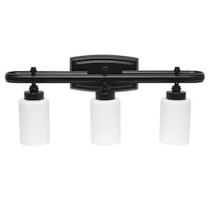 23.50 in. Black 3-Light Metal and Opaque White Glass Shade Vanity Wall Fixture with Rectangle Backplate