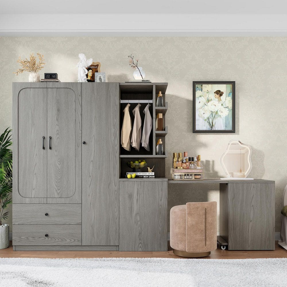 Edalene Gray 68.9 in. H Storage Cabinet with Convertible Desk, 3 Doors and Multi-Storage Spaces