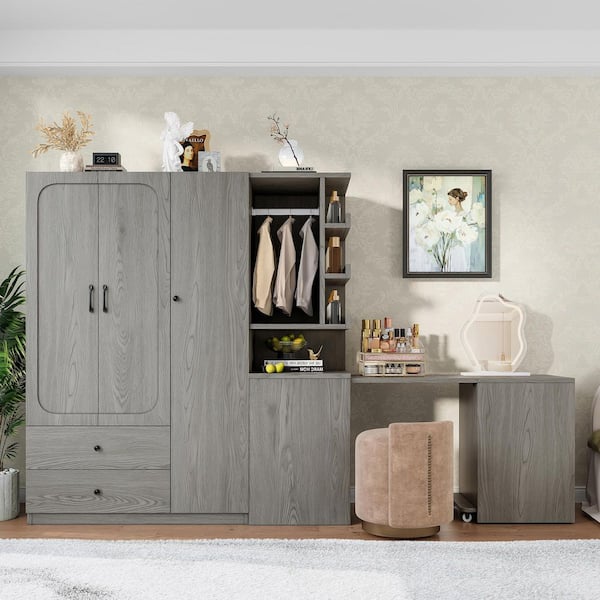 Edalene Gray 68.9 in. H Storage Cabinet with Convertible Desk, 3 Doors and Multi-Storage Spaces