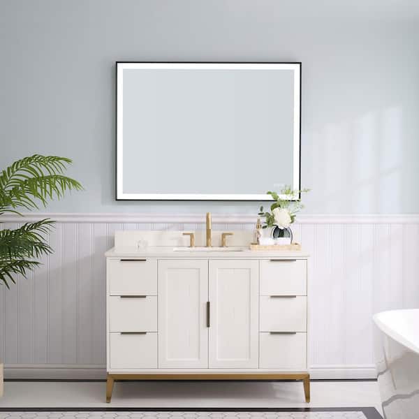 ANGELES HOME 48 in. W x 22 in. D x 35 in. H Solid Wood Bath Vanity in White with White Quartz Top,Single Sink,Black LED Mirror,Plug