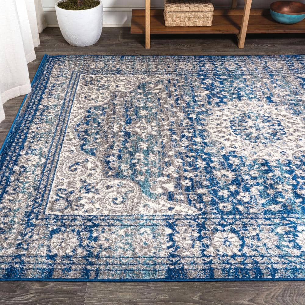 Blue and Dark Gray Medallion Synthetic 4' x 6' Area Rug