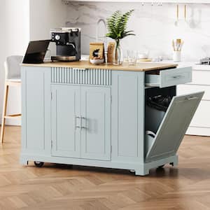 Grey Blue Rubber wood Kitchen Cart with Power Outlet and Adjustable Shelf