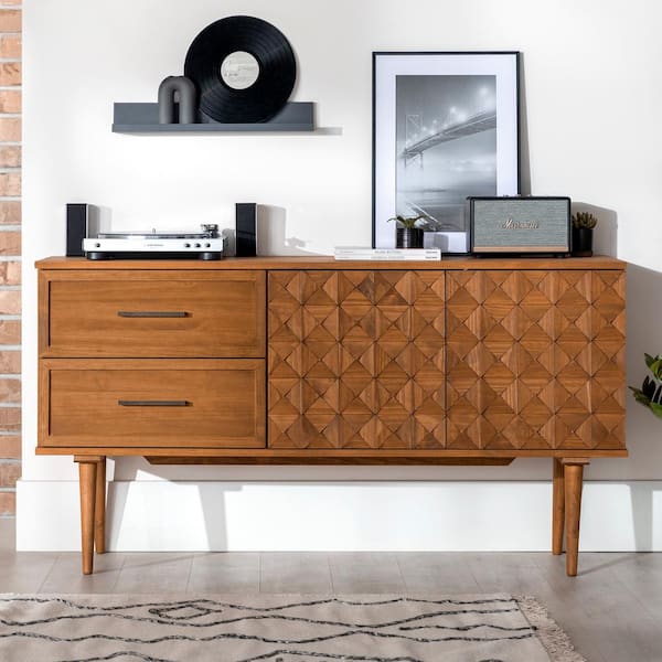 Welwick Designs Caramel Solid Wood Boho Sideboard with 2-Prism Detail Doors and 2-Drawers