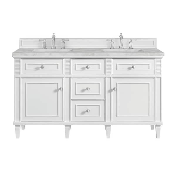 James Martin Vanities Lorelai 60.0 in. W x 23.5 in. D x 34.06 in. H Double Sink Bath Vanity in Bright White with Victorian Silver Quartz Top